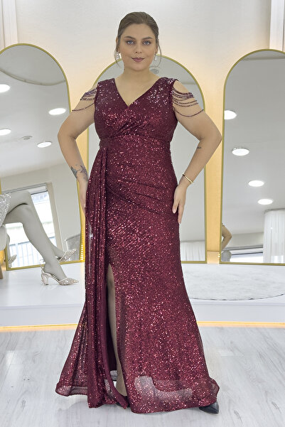 zks grup tekstil Kadın Omuz Detay Pul Payet Büyük Beden Abiye Elbise Bordo, Pudra,Mor,Lila,Siyah,Haki,Lacivert