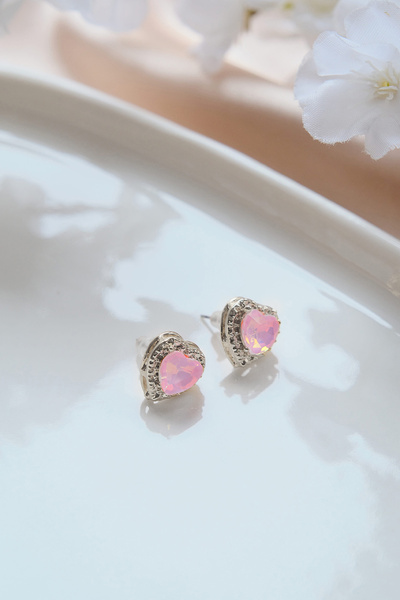 AURRARİ Silver Pink Zircon Stone Dora Heart Earrings