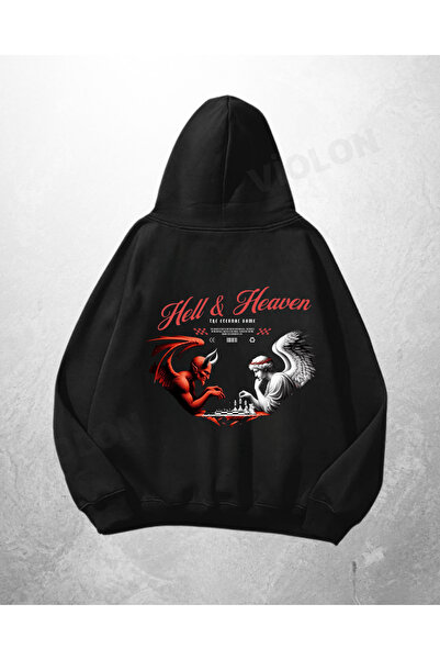 Bravebell Crna unisex majica sa kapuljačom i printom "Hell & Heaven"