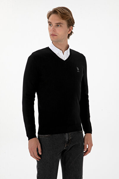 U.S. Polo Assn. Men's Black V-Neck Sweater with Embroidered Logo