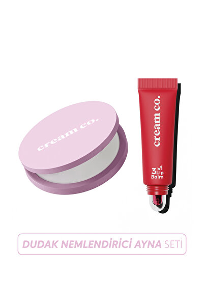 Cream Co. 3in1 Lip Balm Ayna Seti | Dudak Nemlendirici Parlatıcı & Cep Aynası | Strawberry Sorbet Kırmızı