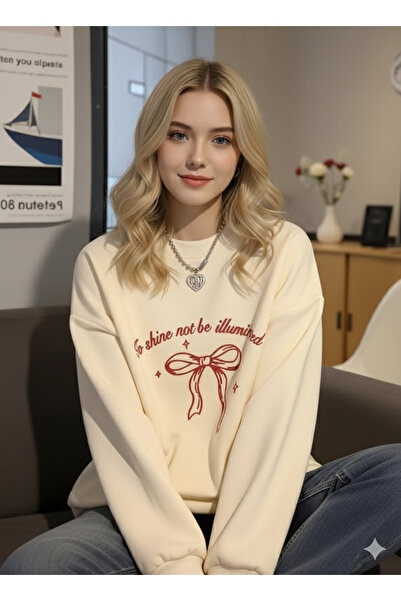 dwnwear Beige Color (3 Yarn) to Shine Printed Oversize Crew Neck Sweatshirt