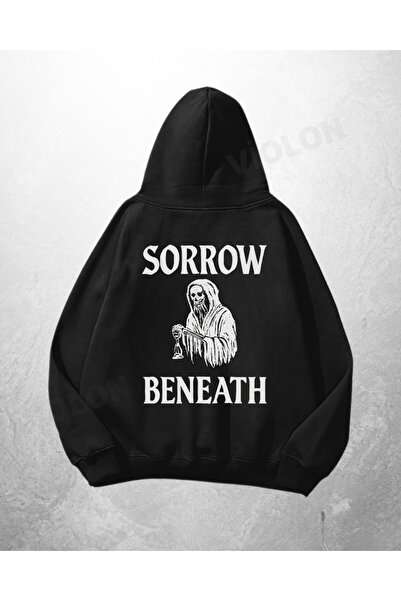 Bravebell Hanorac negru unisex supradimensionat, cu imprimeu Sorrow Beneath