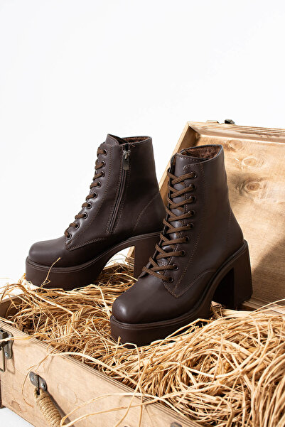 Siena Shoes Master Kadın Bağcıklı ve Fermuarlı Topuklu Bot Kahve