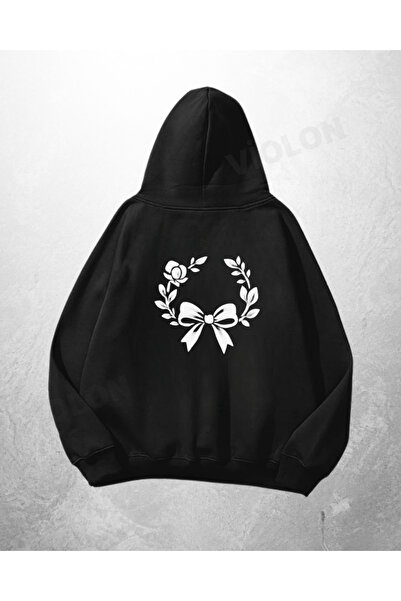 Violon Hanorac negru unisex supradimensionat, cu imprimeu cu panglici florale
