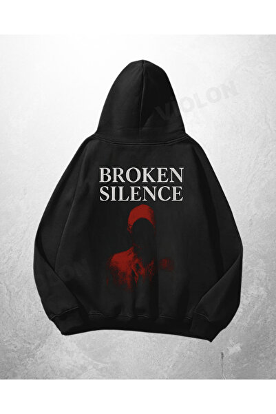 Bravebell Hanorac negru unisex supradimensionat cu imprimeu Broken Silence
