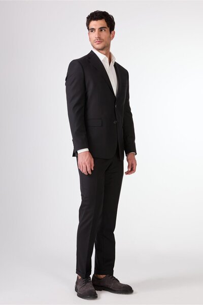 Dufy Siyah Düz Renk Yünlü Slim Fit Erkek Takım Elbise