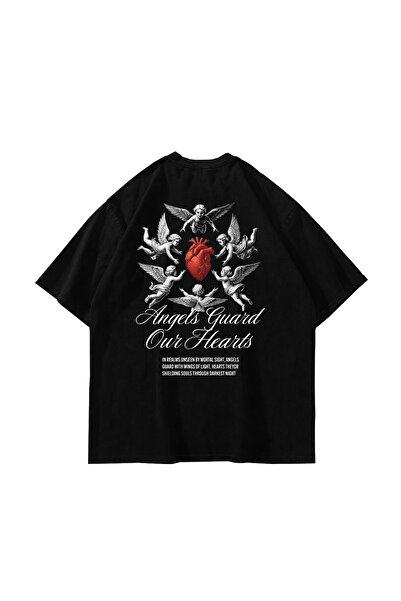 Sekizbiraltı Angels Guard Our Hearts Printed Oversize Unisex Black Tshirt