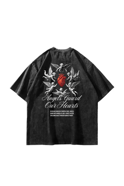 Sekizbiraltı Angels Guard Our Hearts Printed Oversize Unisex Washable Black Tshirt