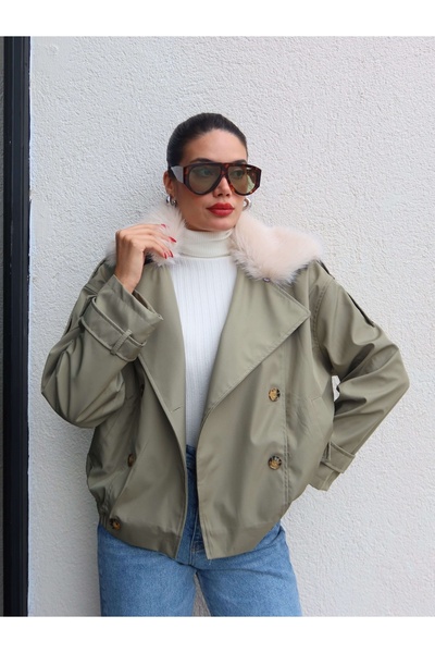 ESRAHELVACI Fur Collar Elastic Waist Trench