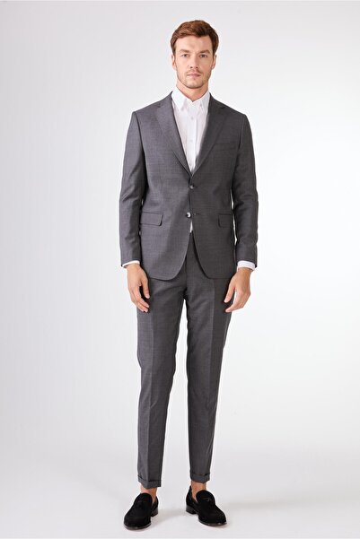 Dufy Gri Düz Renk Yünlü Slim Fit Erkek Takım Elbise