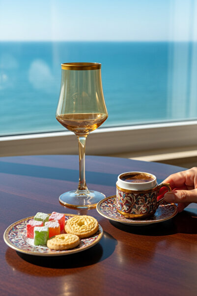 P H Panayır Home Trendy Set of 6 Coffee Side Gold Glasses Gold Gilded 135 Ml.