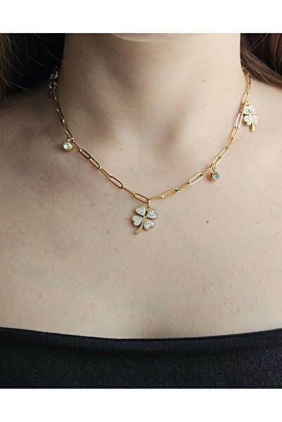 MinAccessory Gold Steel Necklace with Paperclip Chain Detail and Three Clover...