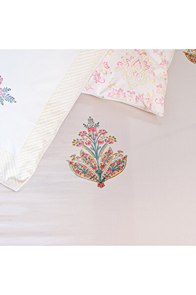 SARAS LABEL Heritage Block Print 100% Cotton Percale Bedsheet with 2 Pillowcases