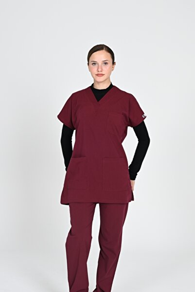 HEMİ Burgundy Lycra Hijab Batwing Sleeve Doctor and Nurse Uniform Set Hospital Uniform