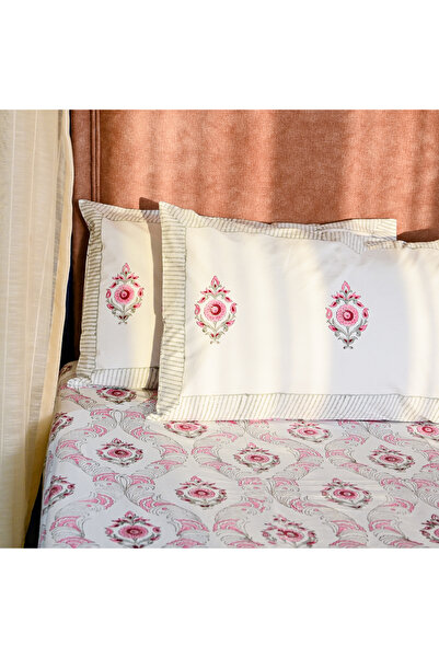 SARAS LABEL Heritage Block Print 100% Cotton Percale Bedsheet with 2 Pillowcases