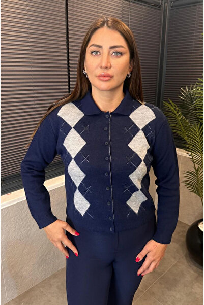 MİR STORE Navy Blue Cardigan with Diamond Pattern and Collar Detail