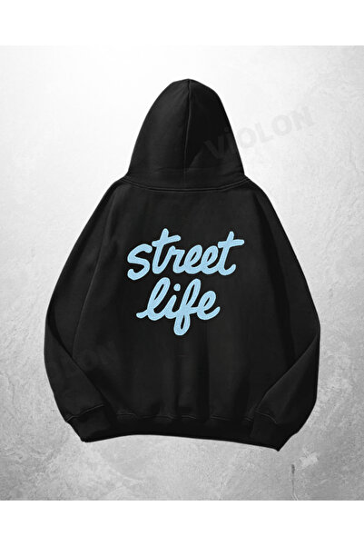 Violon Μαύρο Unisex Φούτερ με κουκούλα με στάμπα Street Life σε μεγάλο μέγεθος