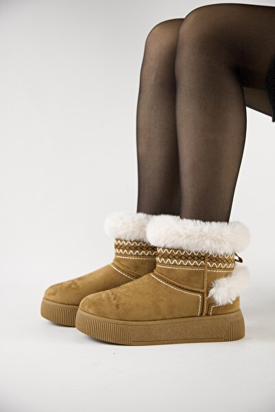 stato 219851142-11 Kadın Yumuşak Rahat Kürklü Bot - Tekstil Süet Kışlık Taba Bot