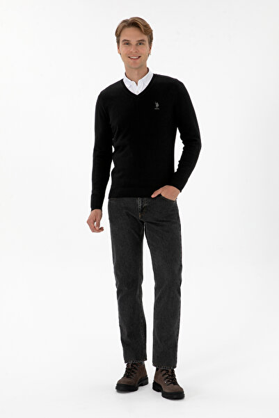 U.S. Polo Assn. Men's Black V-Neck Sweater with Embroidered Logo