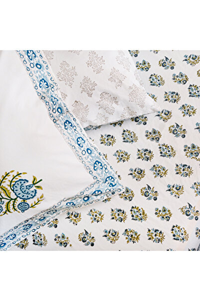 SARAS LABEL Heritage Block Print 100% Cotton Percale Bedsheet with 2 Pillowcases