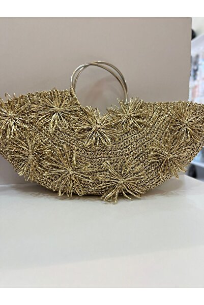 glowbysimna EL ÖRMESİ ÇİÇEK MOTİFLİ GOLD ÇANTA