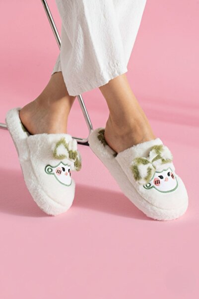 FUGA MODA Παπιές γυναικείες παντόφλες για το σπίτι με λευκό-πράσινο παπιγιόν, κεντημένες με βελούδινο χαρακτήρα