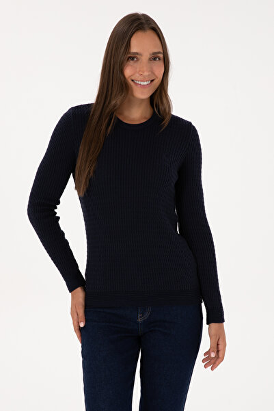 U.S. Polo Assn. Women's Navy Sweater With Round Collar And Cable Texture