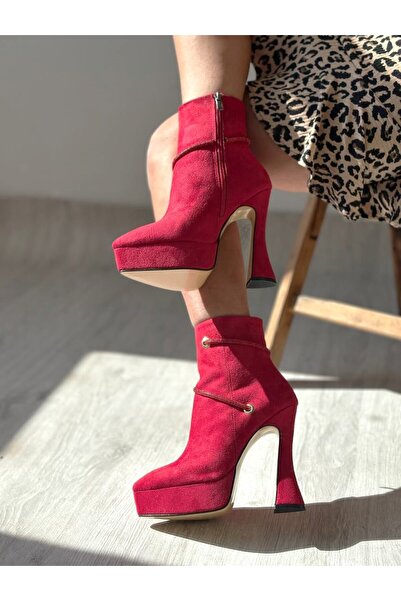 SHOEBOURNE Red Suede Pointed Toe Stone Detailed Stylish High Heel Platform Boots
