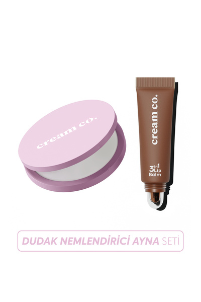 Cream Co. 3in1 Lip Balm Ayna Seti | Dudak Nemlendirici Parlatıcı & Cep Aynası | Mocha Kahve