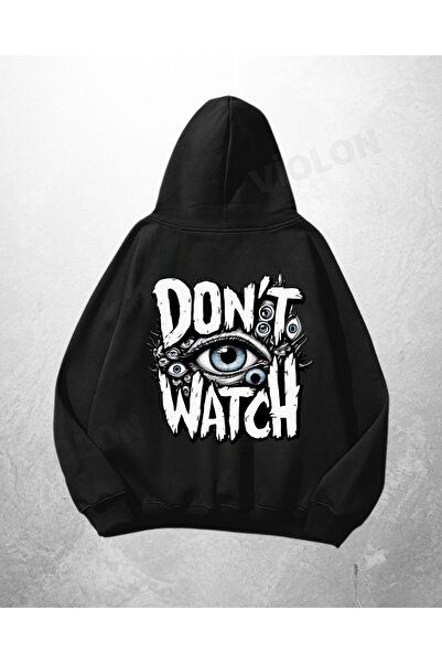 Bravebell Hanorac negru unisex, supradimensionat, cu imprimeu „Don't Watch”