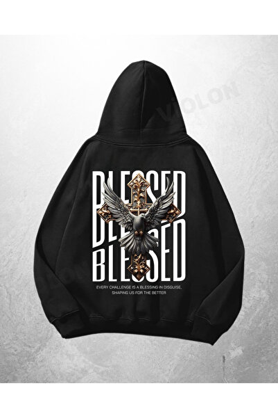 Bravebell Hanorac negru unisex supradimensionat, imprimat Blessed Blessed