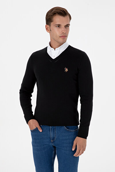 U.S. Polo Assn. Men's Black Sweater With V-Neck And Embroidered Color Logo