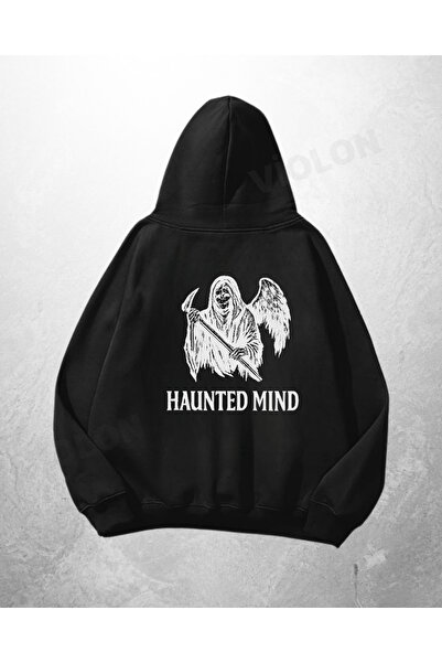 Bravebell Hanorac negru unisex supradimensionat cu imprimeu Haunted Mind