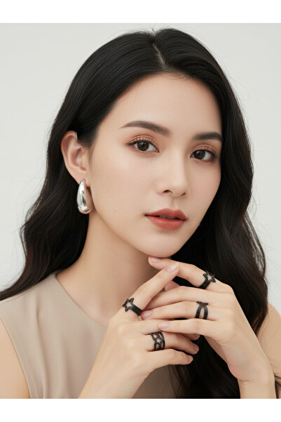 Ervalina مجموعة من 12 خاتمًا أسودًا ومجموعة أقراط على شكل قطرة ماء