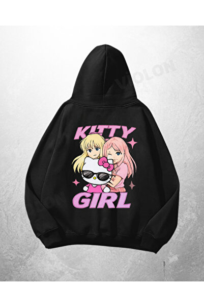 Violon Μαύρο Unisex Φούτερ με κουκούλα με στάμπα Anime Kitty Girl σε μεγάλο μ...
