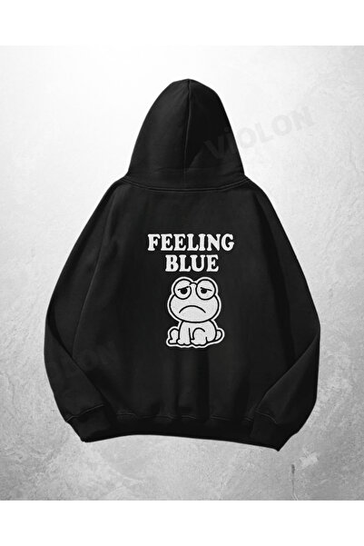 Violon Μαύρο Unisex Φούτερ με κουκούλα με στάμπα Feeling Blue σε Oversize Εφα...