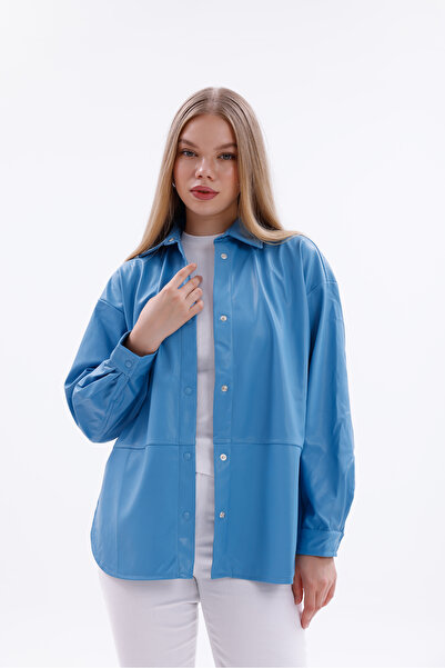 Sapientia Saphira Leather Shirt, Blue Oversize Buttoned Women's Leather Shirt