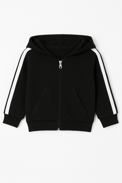 Bubito Side Striped Zippered Hooded Sports 2-Piece Baby Bottom and Top Set-Black