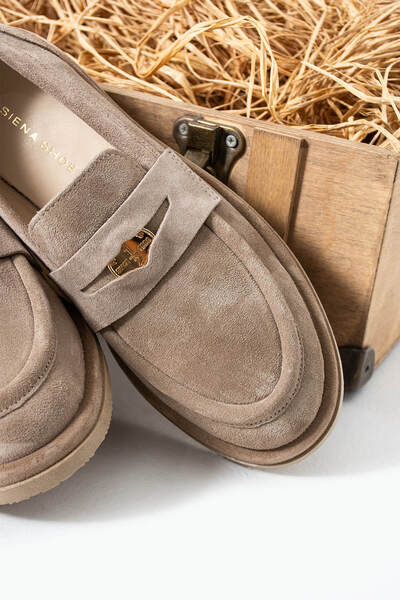 Siena Shoes Helena Kadın Toka Detaylı Hakiki Deri Loafer Bej Süet