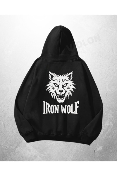 Violon Μαύρο Unisex Φούτερ με στάμπα Iron Wolf και κουκούλα σε μεγάλο μέγεθος