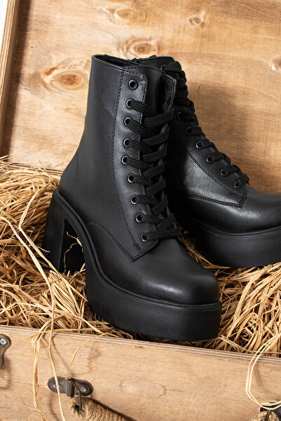 Siena Shoes Master Kadın Bağcıklı ve Fermuarlı Topuklu Bot Siyah