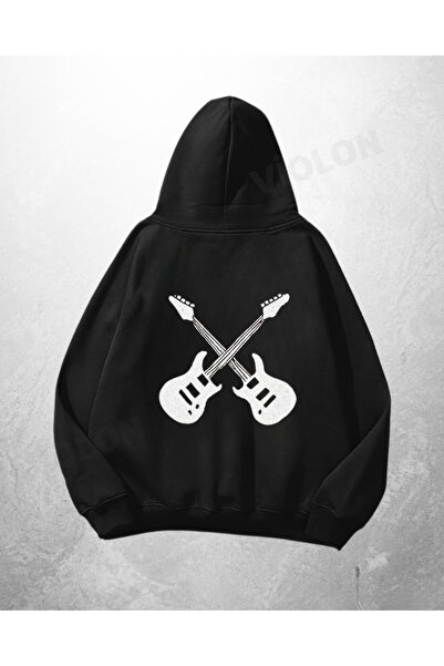 Violon Hanorac negru unisex cu imprimeu în cruce cu chitară, supradimensionat