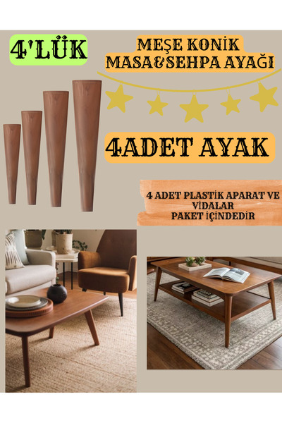 yılmaz ahşap 41CM 4 PIESE DE PIELE DE STEJAR CONICĂ PENTRU MASA DE CAFFÈ & PENTRU PIELE DE MASA