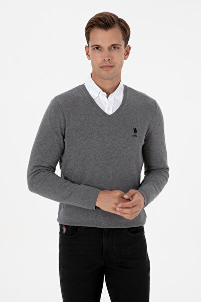 U.S. Polo Assn. Men's Gray Sweater With V-Neck And Embroidered Logo