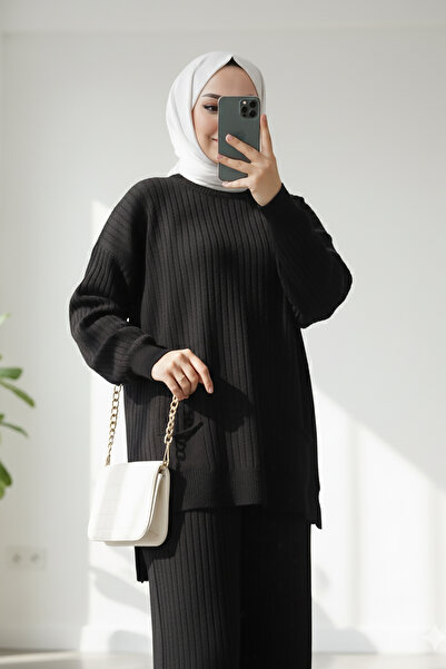 MODAQU Set de tricotaje Tesettür cu tunică și fustă - Negru