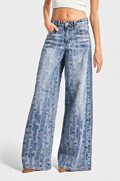 its basic Kadın T.Kot Rengi 4w5-32 Palazzo Fit %100 Koton Özel Tasarım Kumaş Denim Jean