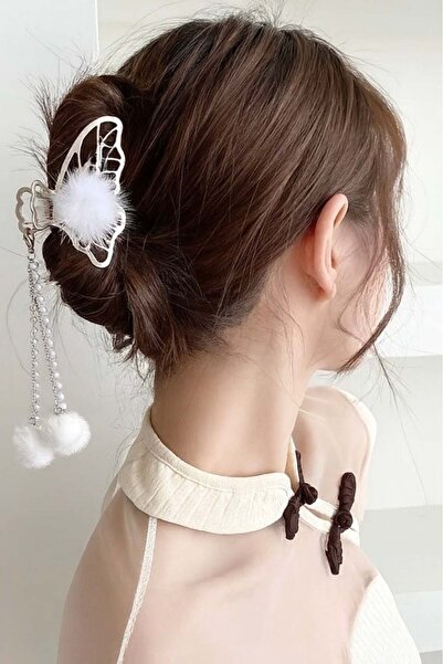 TAKIŞTIR Ασημί χρώμα με φιγούρα πεταλούδας και λεπτομέρεια πομπόν με κούμπωμα με μανταλάκια