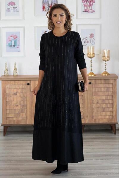 Nevin Kaya Moda Siyah Su Yolu Taşlı Pamuklu Elbise