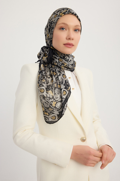 Schaless Ethnic Spring - Μαύρο - Κασκόλ Janjan με σχέδιο Aurora - 90x90 εκ.